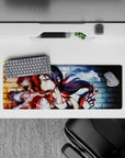 32x12 inches anime girl mouse pad in moody red-blue neon glow with smoky swirls and bold contrast.