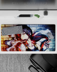 32x16 inches anime girl mouse pad in moody red-blue neon glow with smoky swirls and high-contrast street vibe.