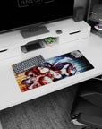 28x12 inches mouse pad showing fierce anime girl with piercing eyes, tattooed shoulder, and brick backdrop.