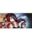 Anime girl desk pad 36x16 inches with brick wall backdrop, smoky swirls, and neon-lit black hair.
