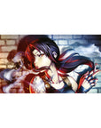Anime girl desk pad 40x20 inches with brick wall backdrop, tattooed shoulder, and fingerless gloves.