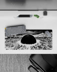 28x12 inches monochrome anime mouse pad, high-contrast noir doom vibe with rippling sky pressure waves.