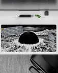 32x16 inches monochrome anime mouse pad, high-contrast black and white apocalypse mood with rippling sky.