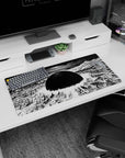 32x16 inches anime mouse pad showing broken towers under a dark sun, storm swirls and halo-like shockwave.