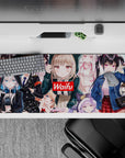 36x16 inches waifu anime desk pad in pink, glossy black, soft white and denim blue, cozy chaos vibe.