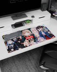 Anime girl desk mat scene with cute hoodies, nurse accents, and cap-and-uniform look, 32x16 inches.