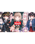 40x20 inches anime girl desk pad collage with red Waifu badge, hoodies, nurse accents, cap-and-uniform look.