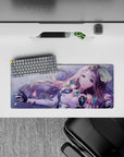 28x12 inches pastel purple mouse pad in soft blush glow, mint accents, cozy dreamy anime vibe.
