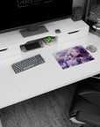 Long lilac-haired anime girl with starry eyes and teal crystal armor on mouse pad 14x10 inches.