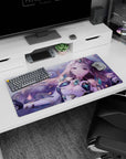 32x16 inches desk mat showing a dreamy lilac-haired anime girl in teal crystal armor amid petals.