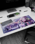36x16 inches desk pad showing a starry-eyed anime girl with long lilac hair in dreamy petal-filled scene.