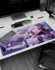 Lilac-haired anime fantasy heroine with starry eyes and floating petals desk pad 40x20 inches.