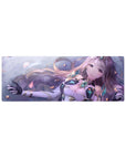 32x12 inches anime girl desk mouse pad with lilac-haired fantasy heroine, petals, and crystal armor.