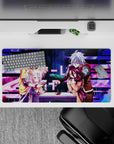 Neon magenta glitch bars on deep blue fantasy anime mouse pad 32x16 inches, playful cozy vibe.