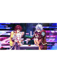 36x16 inches anime desk pad with No Game No Life card-table scene, glitch bars, fantasy backdrop.