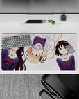 Cute pastel stripe anime girl mouse pad 32x16 inches, navy uniforms, red ribbons, clean white look.