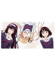 Saekano anime girl mouse pad 32x16 inches with Megumi, Eriri, and Utaha on pastel stripes.