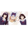 Saekano anime girl desk pad 36x16 inches with Megumi, Eriri and Utaha on pastel stripes.