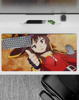 Megumin from KonoSuba on a 32x16 inch anime mouse pad, posing humorously with a thumbs up against an ochre background.