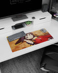 Megumin from KonoSuba anime mouse pad, 28x12 inches, showcasing her thumbs-up pose with a vivid ochre background.