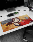 Anime desk pad featuring Megumin from KonoSuba, size 36x16 inches, with vibrant ochre background and crimson cloak.