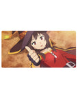 Megumin from KonoSuba anime mouse pad, 32x16 inches, showcasing her iconic crimson cloak and witch hat on a warm ochre background.