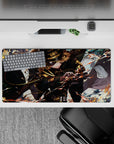 Anime girl mouse pad 32x16 inches in smoky blues and pale sky with orange sparks and cinematic chaos vibe.