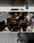 Cinematic anime desk pad 40x20 inches in smoky blues with orange sparks and warm bronze chain accents.