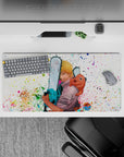 32x16 inches mouse pad with Denji, Pochita, and Makima’s reflection, filled with paint splatters and mysterious action details.