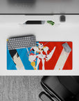 28x12 inches mouse pad with Hiro, Zero Two, and Strelizia design, highlighting their bond with minimalist vector art and a red-blue split for modern style.