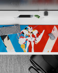 36x16 inches mouse pad with Hiro, Zero Two, and Strelizia design, showcasing their bond through minimalist vector art and bold red and blue contrast.