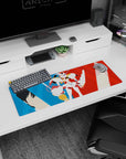Artistic 32x12 inches mouse pad featuring Hiro, Zero Two, and Strelizia design, with red and blue split and minimalist art for a modern, anime-inspired effect.
