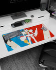 Modern 32x16 inches mouse pad featuring Hiro, Zero Two, and Strelizia design, with minimalist vector art and bold red and blue for a dynamic anime effect.