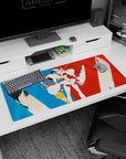 Artistic 36x16 inches mouse pad featuring Hiro, Zero Two, and Strelizia design, with minimalist vector art and red and blue split for a sleek, modern anime vibe.