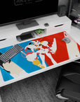 Large 40x20 inches mouse pad featuring Hiro, Zero Two, and Strelizia in minimalist vector art, with bold red and blue split to represent their bond and destiny.