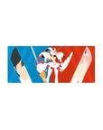 Mouse pad featuring Hiro, Zero Two, and Strelizia design, 28x12 inches, with minimalist vector art and a bold red and blue split for a dynamic look.