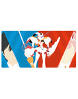 Mouse pad featuring Hiro, Zero Two, and Strelizia design, 32x16 inches, with bold red and blue split and minimalist vector art for a stylish, modern look.