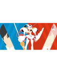 Mouse pad featuring Hiro, Zero Two, and Strelizia design, 36x16 inches, with minimalist vector art and red and blue split for a modern, stylish anime effect.