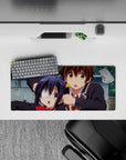 28x12 inches anime mouse pad in bright colors and sweet chaos, soft shading, cozy school vibe.