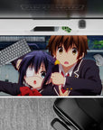 40x20 inches anime desk pad in bright colors, red bow pop, soft shading, sweet chaotic energy.
