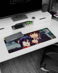 32x12 inches anime mouse pad showing eyepatch twin-tail girl and surprised boy rushing in a schoolyard moment.
