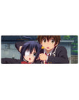 32x12 inches anime mouse pad with two uniformed students, red bow, eyepatch girl, cozy campus scene.