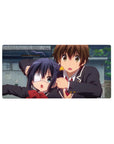 32x16 inches anime mouse pad with two school uniform students, red bow, eyepatch, cozy campus backdrop.