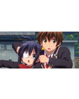 Anime schoolyard rush desk pad 36x16 inches with two uniformed students, red bow, eyepatch, campus scene.