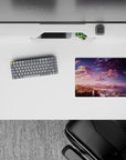 Serene 14x10 mouse pad featuring waterfalls and mountains with a magical sunset turning into a starry night for a peaceful workspace atmosphere