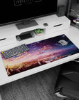 Magical 36x16 anime desk mat with waterfalls, mountains, and a starry sky transitioning from sunset to night, perfect for a tranquil workspace