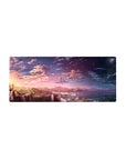 Sunset over waterfalls 28x12 mouse pad with deep purples and blues in the sky, waterfalls, and mountains for a peaceful, magical desk vibe