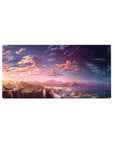 Sunset over waterfalls 32x16 mouse pad with deep purple and blue sky, waterfalls, and mountains, creating a peaceful and magical atmosphere