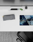 Galaxy-blue and stormy white anime girl mouse pad 14x10 inches, fast cinematic vibe, cute but dangerous.
