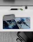 28x12 inches anime desk mat in cool galaxy blue and stormy white haze, fast cinematic vibe, smooth tracking.